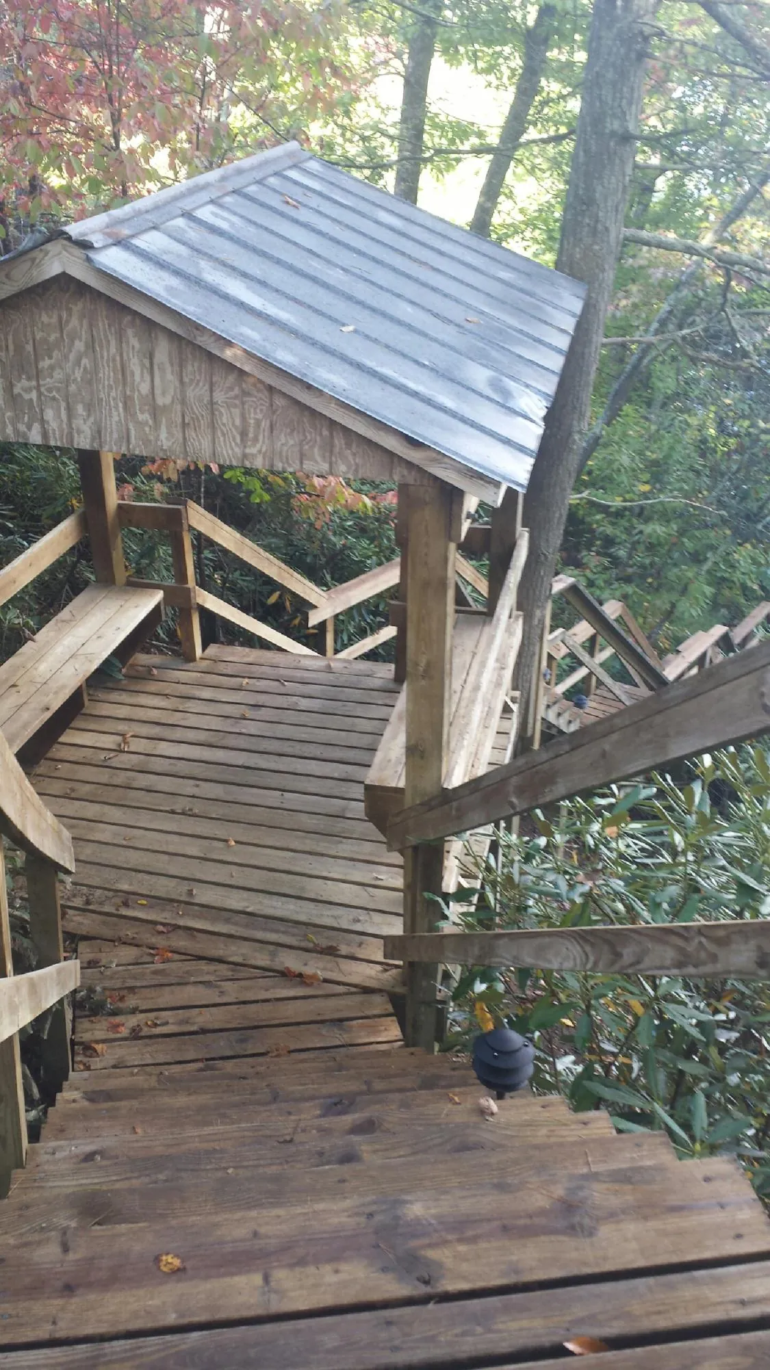 Metal roofed shelter over wooden steps on a wooded walkway — Skylight Repair & Installation work by our crew in Tafton